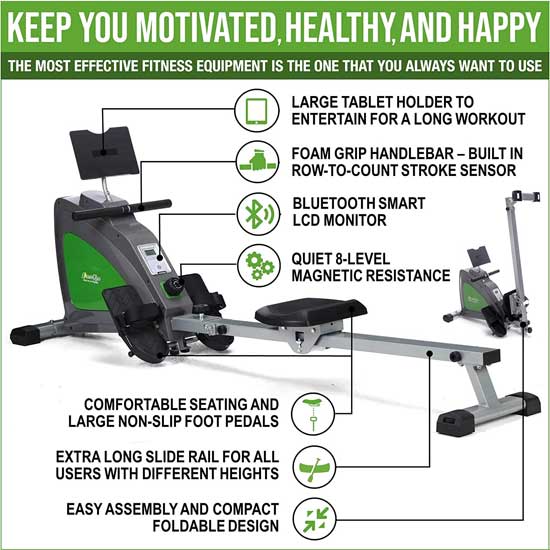 Smart Rowing Machine Features - Bluetooth LCD Monitor, Tablet Holder, Sturdy Quiet Machine