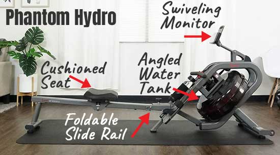 Hydro Water Rowing Machine with Angled Water Tank, Swivel Monitor, Cushioned Seat, Folding Rail